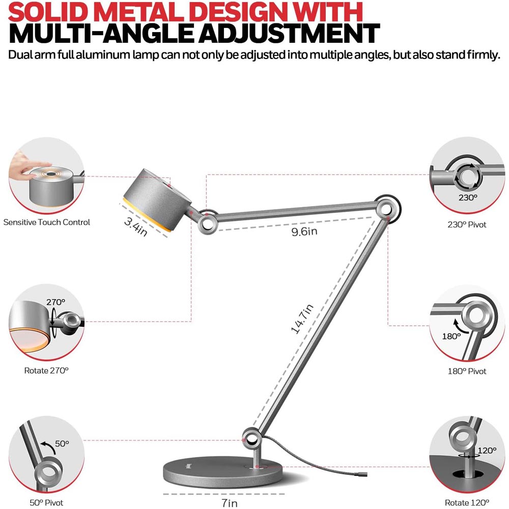 Honeywell LED Adjustable Metal Desk Lamp with Touch Controls and Eye Protection - HWT-01A - Image 2