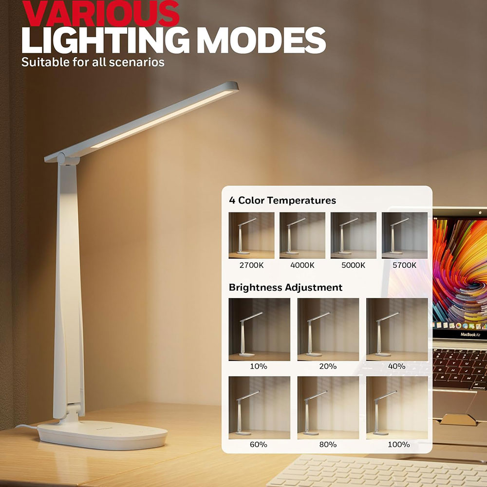 Honeywell Small LED Desk Lamp with USB A+C Dual Charging Ports and Eye Protection, White - Image 2