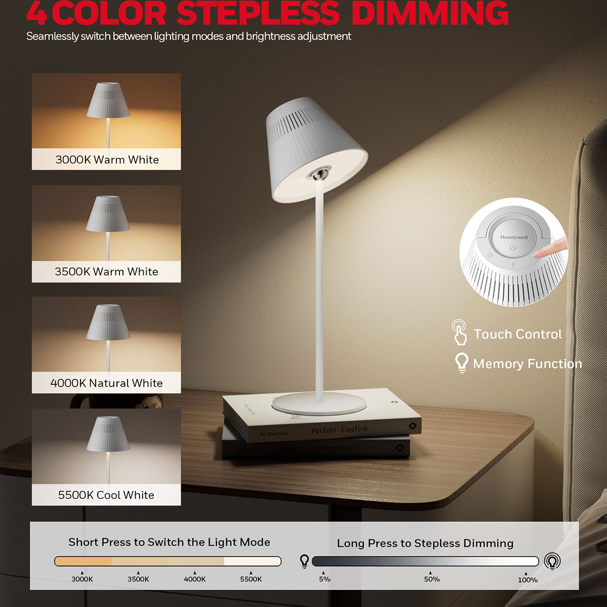 Honeywell Rechargeable Cordless Table Lamps with a Portable Design, Color Changing and Touch Controls, White 2-Pack HWT-M1W - Image 5